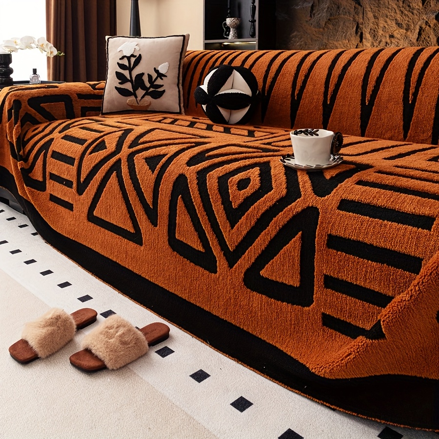 1pc New Bohemian Style Sofa Protector, Vintage Interlaced Comfortable Sofa Blanket, Suitable for Pets, Anti-slip Protection, Luxury Thick Velvet Sofa Cover, Machine Washable Soft Plush Furniture Decoration, Applicable to Armchairs, Double Sofas, Three-seaters, Four-seater, Combination sofa