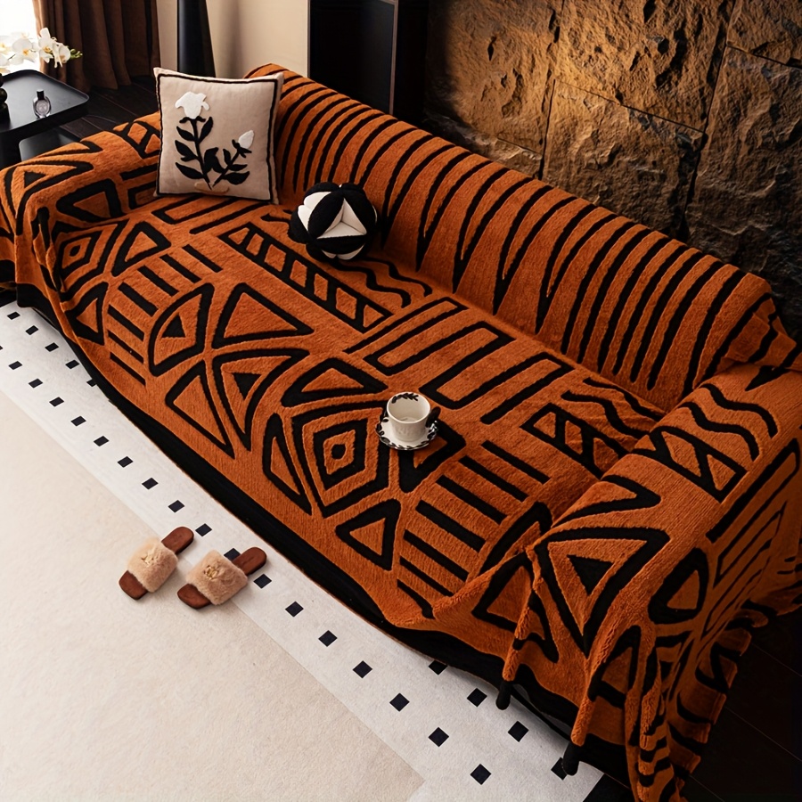 1pc New Bohemian Style Sofa Protector, Vintage Interlaced Comfortable Sofa Blanket, Suitable for Pets, Anti-slip Protection, Luxury Thick Velvet Sofa Cover, Machine Washable Soft Plush Furniture Decoration, Applicable to Armchairs, Double Sofas, Three-seaters, Four-seater, Combination sofa