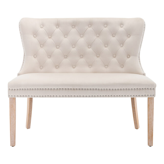Button Pattern Dining Chair, Upholstered Living Room Chair, Chair with Oak Legs, Modern Leisure Bench, Double Chair, Beige