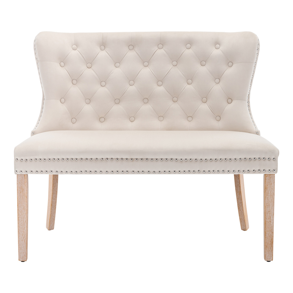 Button Pattern Dining Chair, Upholstered Living Room Chair, Chair with Oak Legs, Modern Leisure Bench, Double Chair, Beige