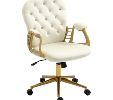 Velvet Home Office Chair with Wheels, Cute Chair with Side Arms and Wheels 360°for Living Room, Bedroom,and Vanity Room,Bling Desk Nail Desk for Women,Adjustable Height,Cream-coloured