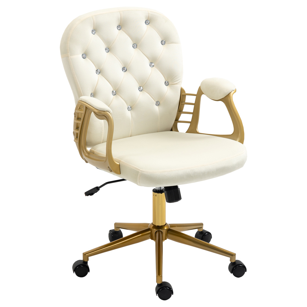 Velvet Home Office Chair with Wheels, Cute Chair with Side Arms and Wheels 360°for Living Room, Bedroom,and Vanity Room,Bling Desk Nail Desk for Women,Adjustable Height,Cream-coloured