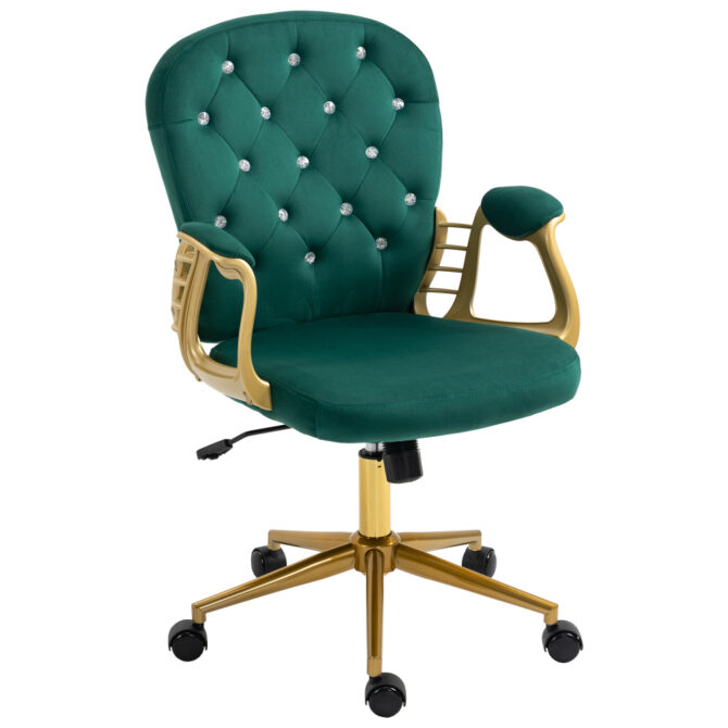 Velvet Home Office Chair with Wheels, Cute Chair with Side Arms and Wheels 360°for Living Room, Bedroom,and Vanity Room,Bling Desk Nail Desk for Women,Adjustable Height,Green