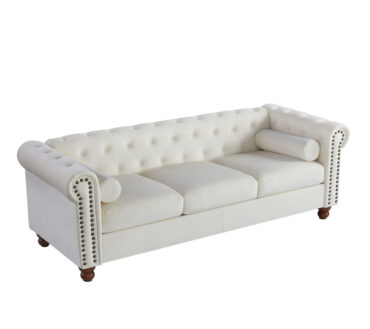 Classic Traditional Living Room Upholstered Sofa with velvet fabric Surface/ Chesterfield Tufted Fabric Sofa Couch, Large-White