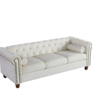 Classic Traditional Living Room Upholstered Sofa with velvet fabric Surface/ Chesterfield Tufted Fabric Sofa Couch, Large-White