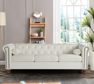 Classic Traditional Living Room Upholstered Sofa with velvet fabric Surface/ Chesterfield Tufted Fabric Sofa Couch, Large-White