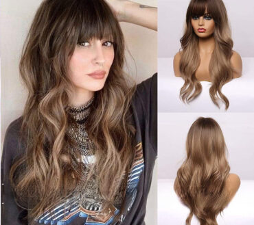 Emmor Cross-border Foreign Trade European And American Wigs Wigs Gradient Brown Neat Bangs Long Curly Hair Ladies Wig Headgear