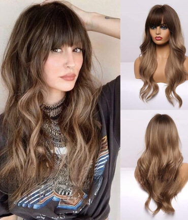 Emmor Cross-border Foreign Trade European And American Wigs Wigs Gradient Brown Neat Bangs Long Curly Hair Ladies Wig Headgear