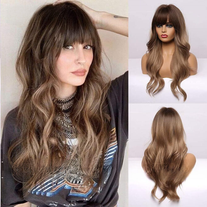 Emmor Cross-border Foreign Trade European And American Wigs Wigs Gradient Brown Neat Bangs Long Curly Hair Ladies Wig Headgear