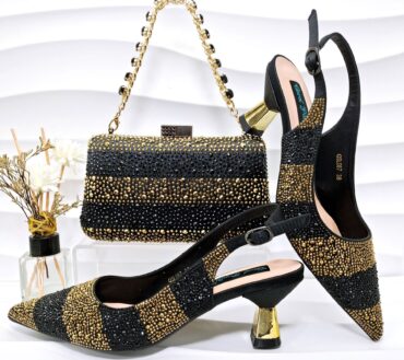 Simple Pointed Striped Delicate Rhinestone Decorative Cocktail Elegant Women Shoes Bags Two Piece Sets High Heels