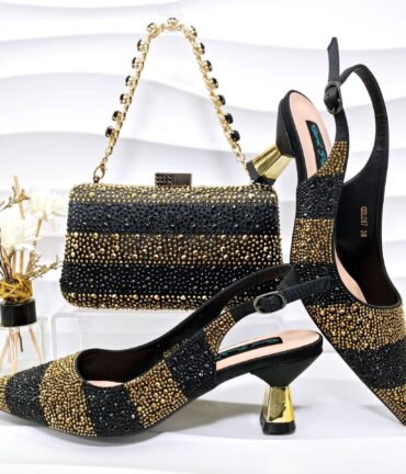 Simple Pointed Striped Delicate Rhinestone Decorative Cocktail Elegant Women Shoes Bags Two Piece Sets High Heels