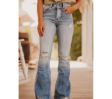Women Clothing Blue Color Ripped Flared Jeans Washed out Vintage Denim Trousers Women