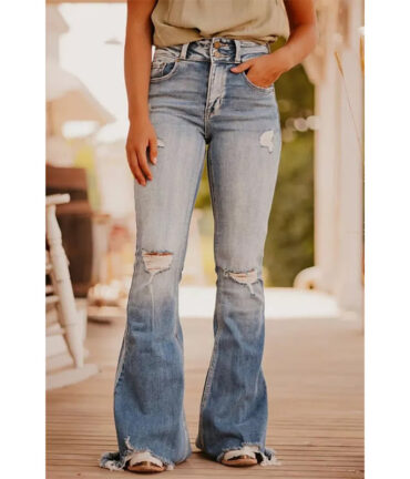 Women Clothing Blue Color Ripped Flared Jeans Washed out Vintage Denim Trousers Women