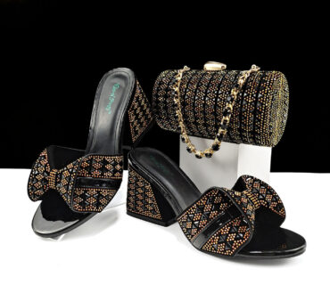 Women Shoes Bags Two Piece Sets Summer Mouth High Heel Slippers Color Matching Rhinestone Embellished Cylindrical Bag Casual
