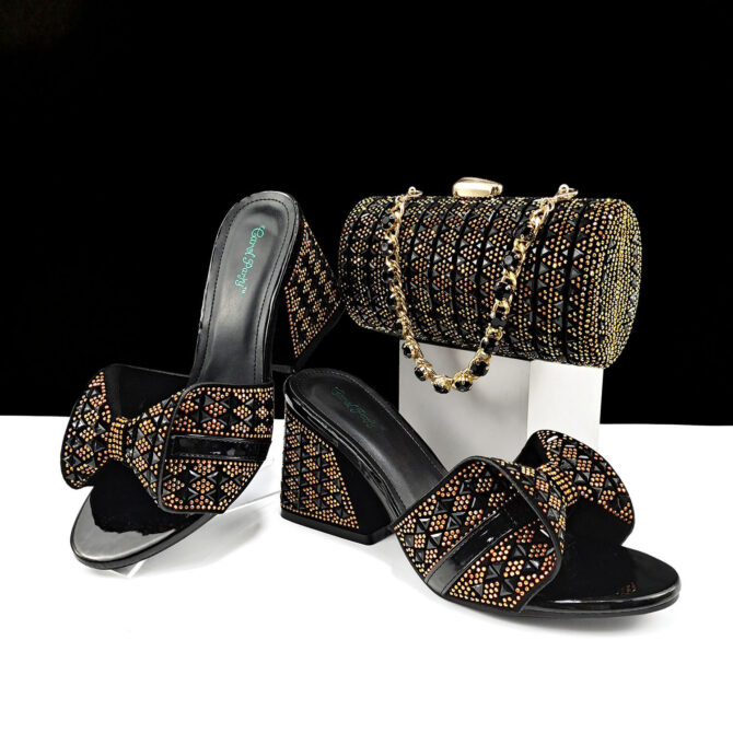 Women Shoes Bags Two Piece Sets Summer Mouth High Heel Slippers Color Matching Rhinestone Embellished Cylindrical Bag Casual