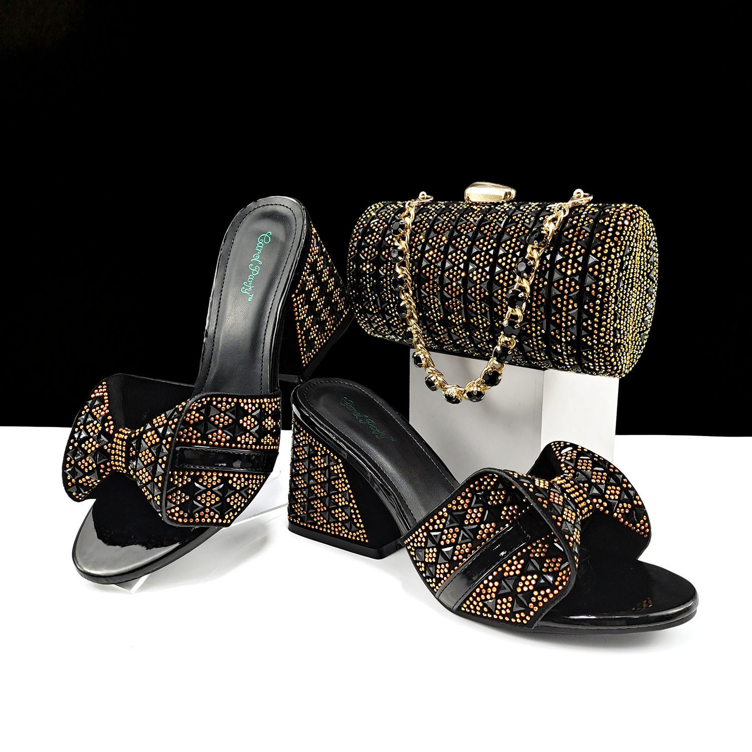 Women Shoes Bags Two Piece Sets Summer Mouth High Heel Slippers Color Matching Rhinestone Embellished Cylindrical Bag Casual