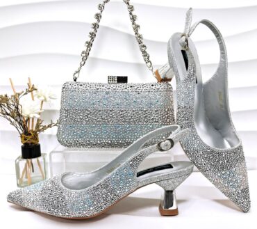 Simple Pointed Striped Delicate Rhinestone Decorative Cocktail Elegant Women Shoes Bags Two Piece Sets High Heels