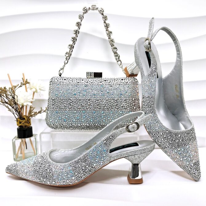 Simple Pointed Striped Delicate Rhinestone Decorative Cocktail Elegant Women Shoes Bags Two Piece Sets High Heels