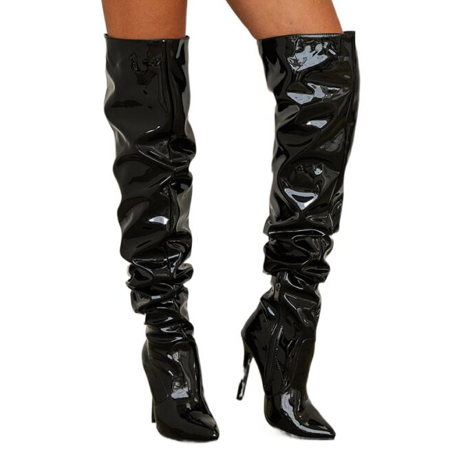 Catwalk Show Patent Leather Slimming Pointed Stiletto Heel Women High Heel Boots