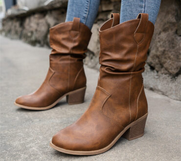 Boots Pleated One Foot Climbing Small High Heel Mid Top Western Denim Women Boots Medium Boots Women Boots