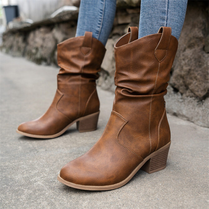 Boots Pleated One Foot Climbing Small High Heel Mid Top Western Denim Women Boots Medium Boots Women Boots