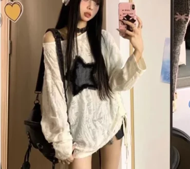 Hole Star Print Sweater Fashion Streetwear Off Shoulder Tops Oversize Kpop Long Sleeve Loose Outwear