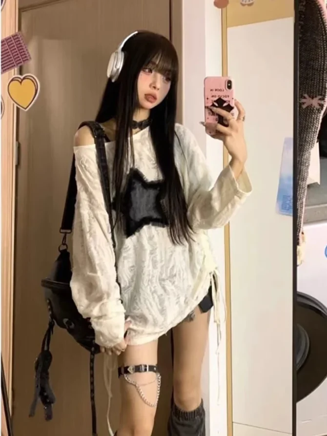 Hole Star Print Sweater Fashion Streetwear Off Shoulder Tops Oversize Kpop Long Sleeve Loose Outwear