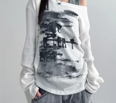 Women Tees Vintage Streetwear Grunge Skew Collar Tops Y2k Aesthetic Loose Casual Hiphop Vintage Tops