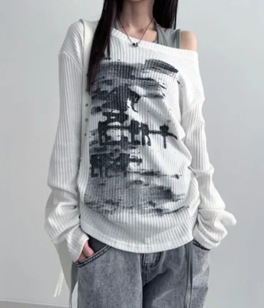 Women Tees Vintage Streetwear Grunge Skew Collar Tops Y2k Aesthetic Loose Casual Hiphop Vintage Tops