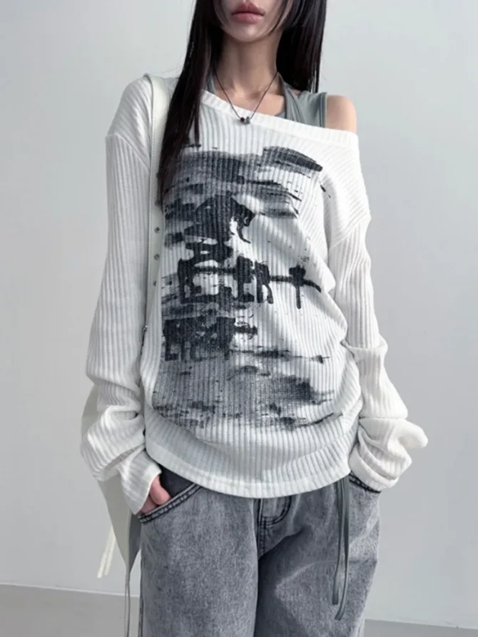 Women Tees Vintage Streetwear Grunge Skew Collar Tops Y2k Aesthetic Loose Casual Hiphop Vintage Tops