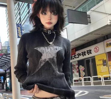 Vintage Gothic O Neck Long Sleeve Base Tops Fashion Punk Star Print Design Harajuku Girl Clothing Y2k Streetwear Shirts