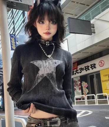 Vintage Gothic O Neck Long Sleeve Base Tops Fashion Punk Star Print Design Harajuku Girl Clothing Y2k Streetwear Shirts