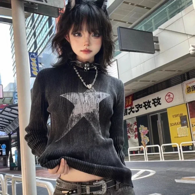 Vintage Gothic O Neck Long Sleeve Base Tops Fashion Punk Star Print Design Harajuku Girl Clothing Y2k Streetwear Shirts