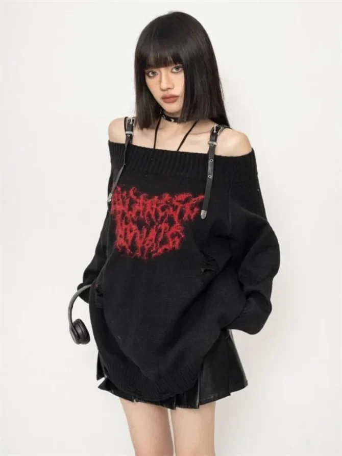 Gothic Hollow Knitted Jacquard Sweater - Image 2