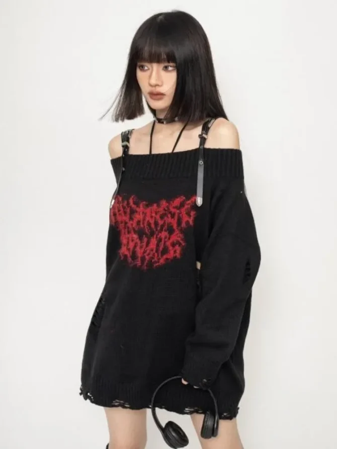 Gothic Hollow Knitted Jacquard Sweater - Image 4