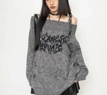 Gothic Hollow Out Oversized Knitted Jumpers Grunge Jacquard Sweater Fashion Knitwear Y2k Aesthetic Slash Neck Pullover