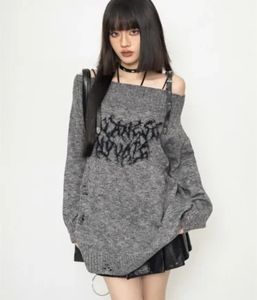 Gothic Hollow Out Oversized Knitted Jumpers Grunge Jacquard Sweater Fashion Knitwear Y2k Aesthetic Slash Neck Pullover