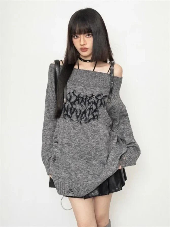 Gothic Hollow Out Oversized Knitted Jumpers Grunge Jacquard Sweater Fashion Knitwear Y2k Aesthetic Slash Neck Pullover