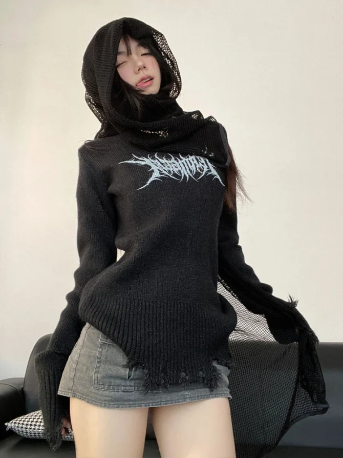 Vintage Grunge Printing Sweaters Women Y2k Aesthetic Turtleneck Hole Jumpers Streetwear Casual Gothic Pullovers