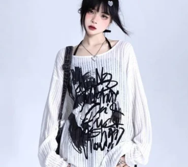 QWEEK Graffit Punk Gothic Goth T Shirt Women Fashion Y2k Gringe Fairy Long Sleeve Tees Korean Streetwear