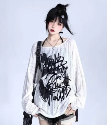 QWEEK Graffit Punk Gothic Goth T Shirt Women Fashion Y2k Gringe Fairy Long Sleeve Tees Korean Streetwear