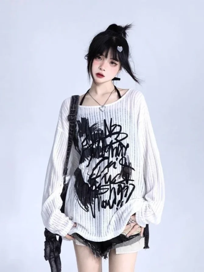 QWEEK Graffit Punk Gothic Goth T Shirt Women Fashion Y2k Gringe Fairy Long Sleeve Tees Korean Streetwear