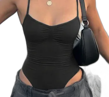 Sweetown Sleeveless Skinny Shirring Skinny Sexy Spaghetti Strap Bodysuit For Women Black Solid Simple Basic