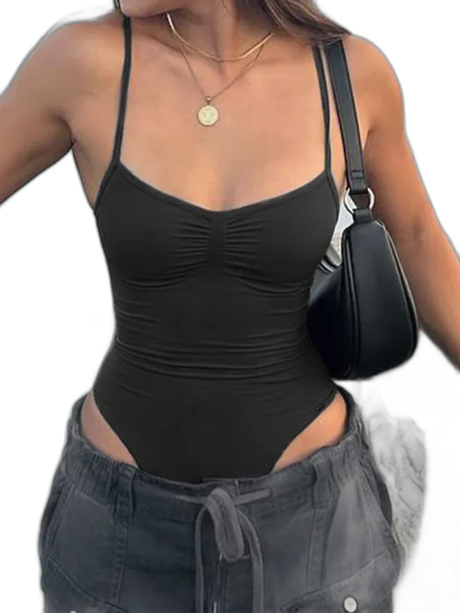 Sweetown Sleeveless Skinny Shirring Skinny Sexy Spaghetti Strap Bodysuit For Women Black Solid Simple Basic