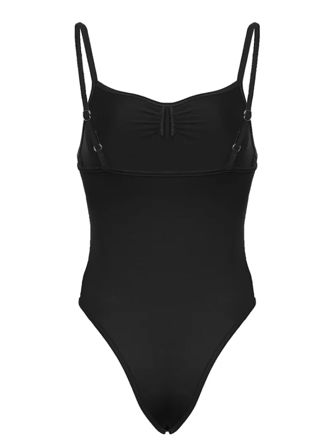 Sweetown Sleeveless Skinny Shirring Skinny Sexy Spaghetti Strap Bodysuit For Women Black Solid Simple Basic