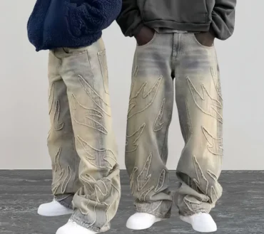 Streetwear Flame Embroidery Baggy Stacked Jeans Pants For Men Clothes Harajuku Vintage Women Gothic Denim Trousers