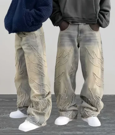 Streetwear Flame Embroidery Baggy Stacked Jeans Pants For Men Clothes Harajuku Vintage Women Gothic Denim Trousers