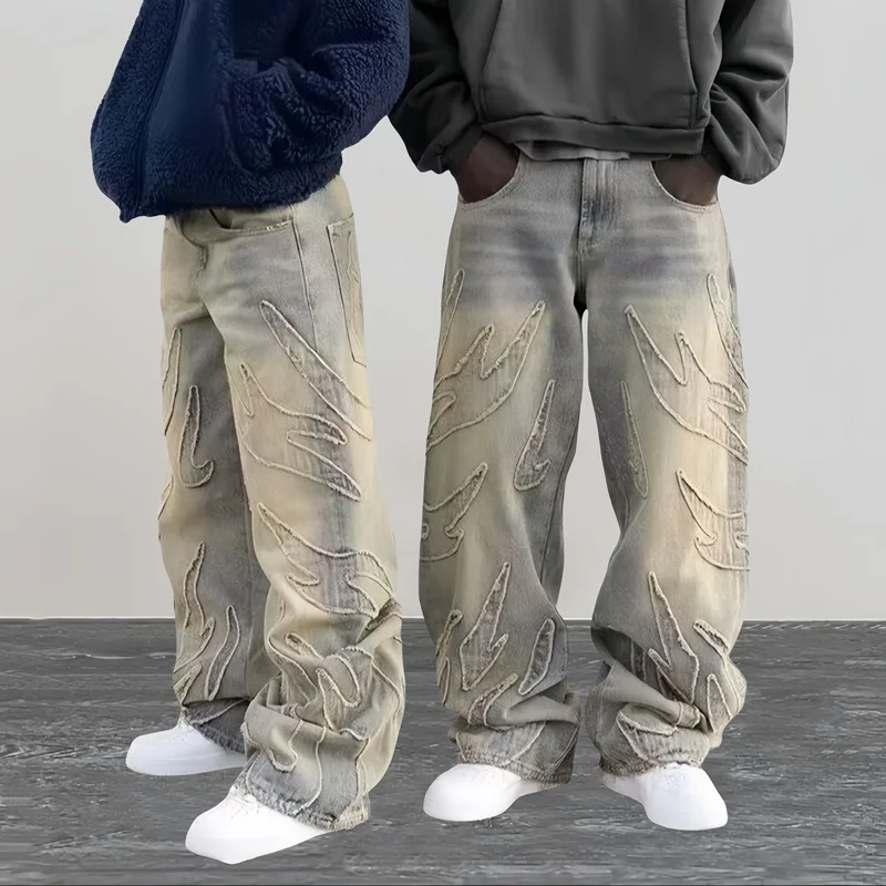 Streetwear Flame Embroidery Baggy Stacked Jeans Pants For Men Clothes Harajuku Vintage Women Gothic Denim Trousers