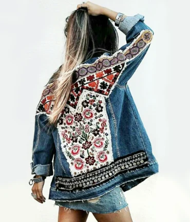 Denim jacket for women vintage floral appliques Embroidery boho jacket long sleeve Outerwear coat female jackets