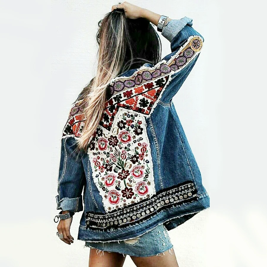 Denim jacket for women vintage floral appliques Embroidery boho jacket long sleeve Outerwear coat female jackets